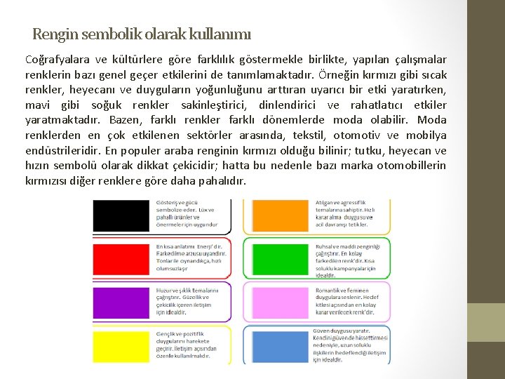 Rengin sembolik olarak kullanımı Coğrafyalara ve kültürlere göre farklılık göstermekle birlikte, yapılan çalışmalar renklerin