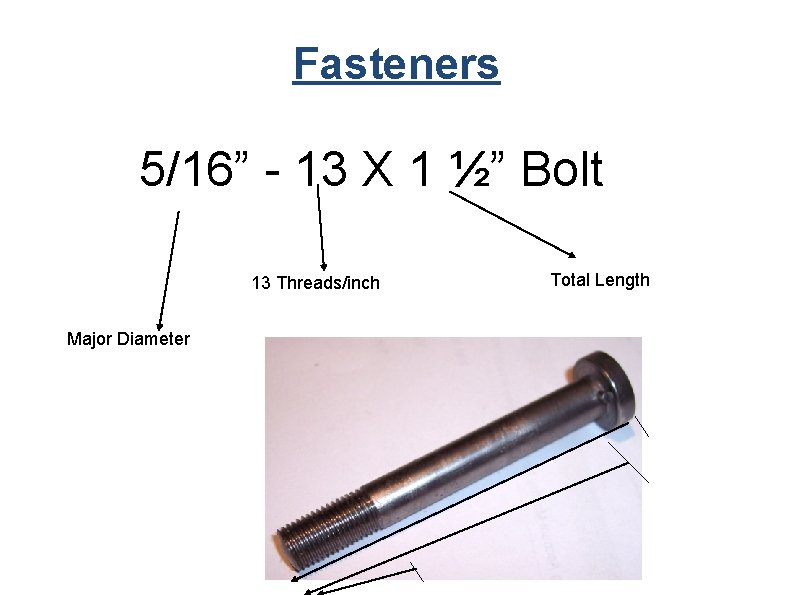Fasteners 5/16” - 13 X 1 ½” Bolt 13 Threads/inch Major Diameter Total Length