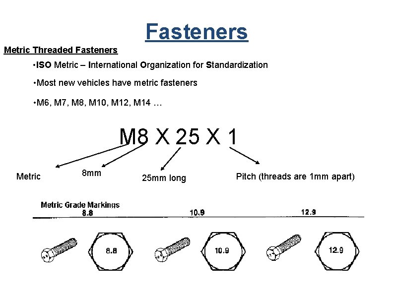 Fasteners Metric Threaded Fasteners • ISO Metric – International Organization for Standardization • Most