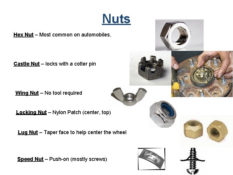 Nuts Hex Nut – Most common on automobiles. Castle Nut – locks with a