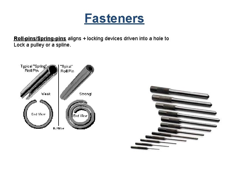 Fasteners Roll-pins/Spring-pins aligns + locking devices driven into a hole to Lock a pulley