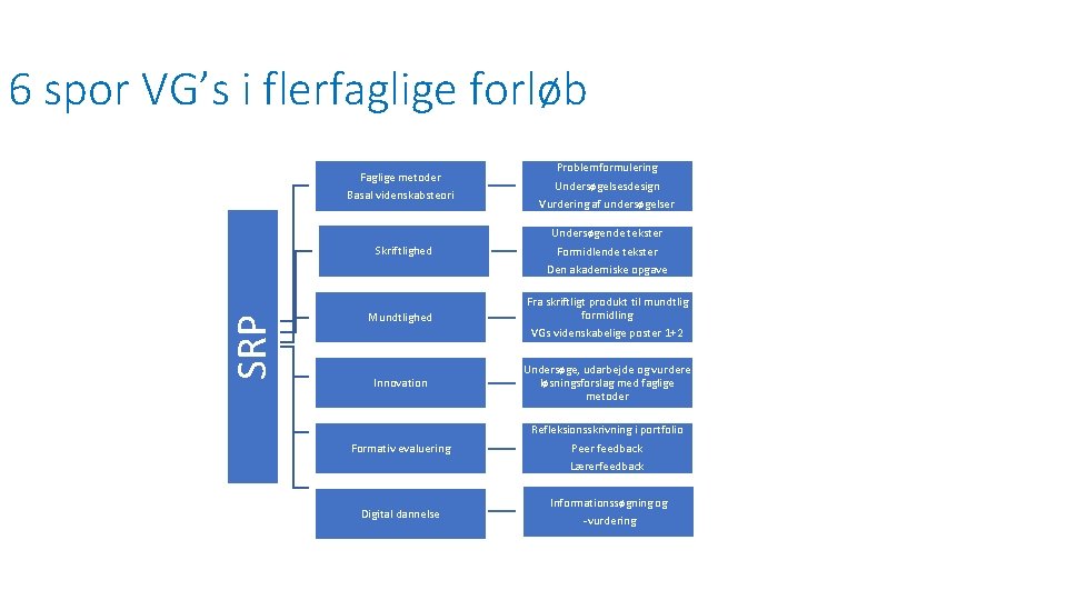 SRP 6 spor VG’s i flerfaglige forløb Faglige metoder Basal videnskabsteori Problemformulering Undersøgelsesdesign Vurdering