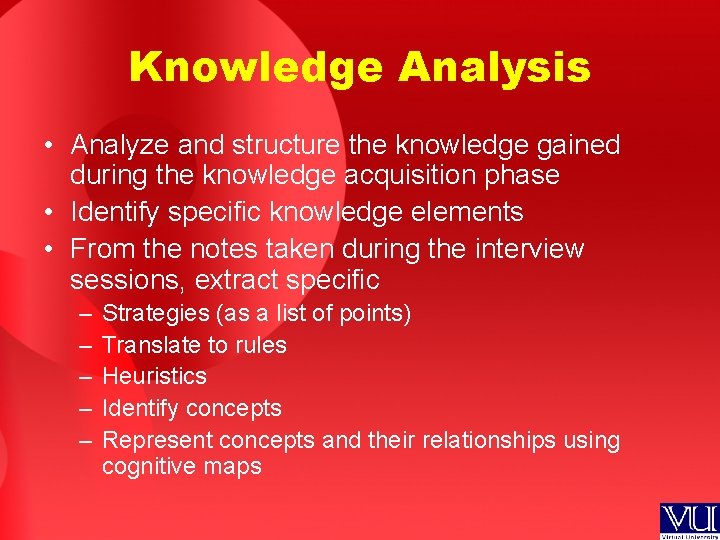 Knowledge Analysis • Analyze and structure the knowledge gained during the knowledge acquisition phase