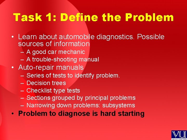 Task 1: Define the Problem • Learn about automobile diagnostics. Possible sources of information
