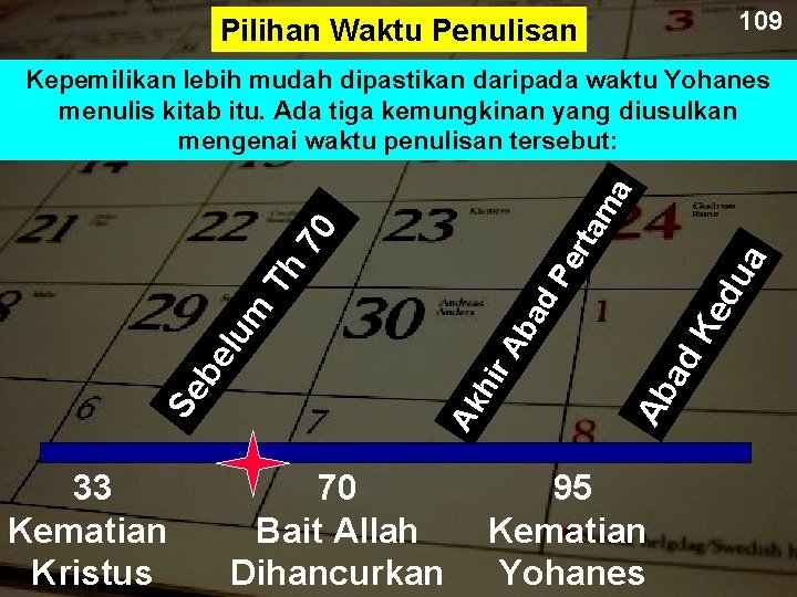 109 Pilihan Waktu Penulisan 33 Kematian Kristus 70 Bait Allah Dihancurkan ua Ke d