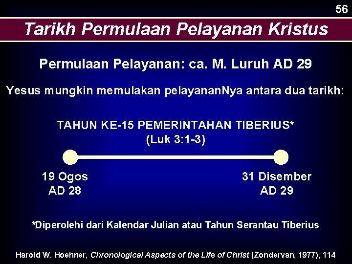 56 Tarikh Permulaan Pelayanan Kristus Permulaan Pelayanan: ca. M. Luruh AD 29 Yesus mungkin