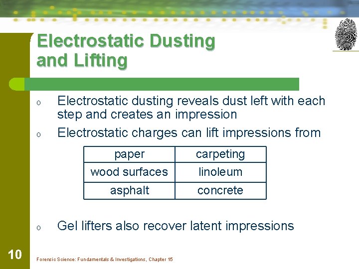 Electrostatic Dusting and Lifting o o o 10 Electrostatic dusting reveals dust left with