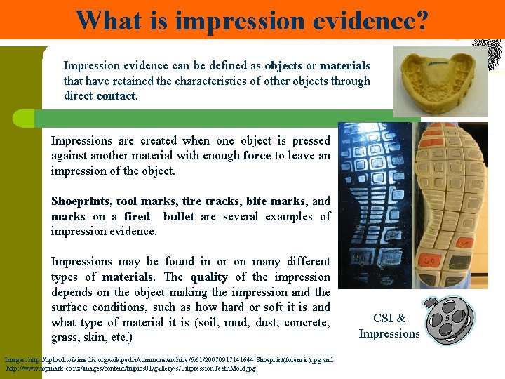 What is impression evidence? Impression evidence can be defined as objects or materials that