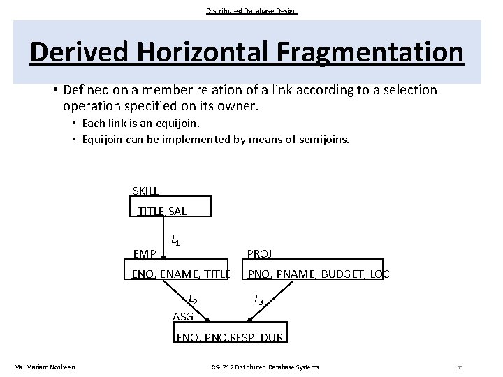 Distributed Database Design Derived Horizontal Fragmentation • Defined on a member relation of a