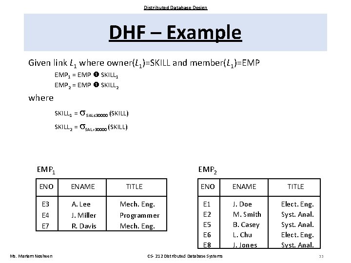 Distributed Database Design DHF – Example Given link L 1 where owner(L 1)=SKILL and