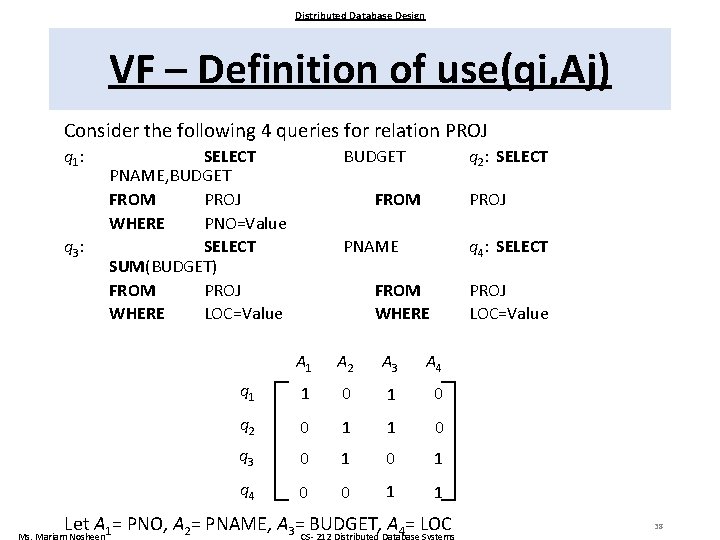 Distributed Database Design VF – Definition of use(qi, Aj) Consider the following 4 queries