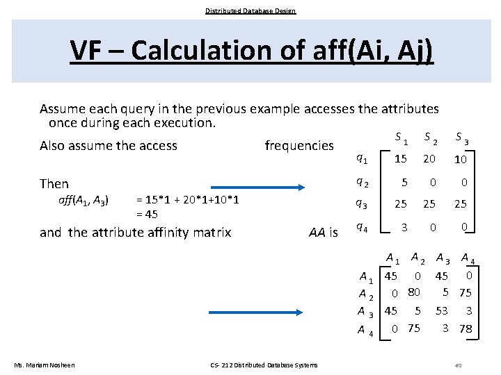 Distributed Database Design VF – Calculation of aff(Ai, Aj) Assume each query in the