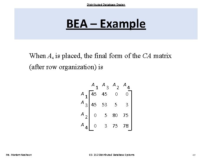 Distributed Database Design BEA – Example When A 4 is placed, the final form