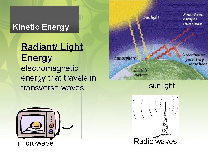 Kinetic Energy Radiant/ Light Energy – electromagnetic energy that travels in transverse waves microwave