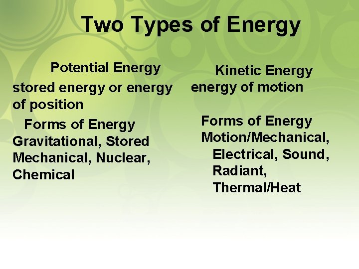 Two Types of Energy Potential Energy stored energy or energy of position Forms of