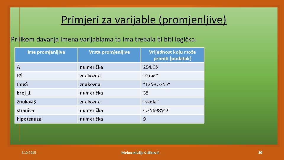 Primjeri za varijable (promjenljive) Prilikom davanja imena varijablama ta ima trebala bi biti logička.