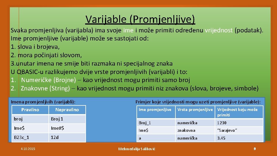 Varijable (Promjenljive) Svaka promjenljiva (varijabla) ima svoje ime i može primiti određenu vrijednost (podatak).