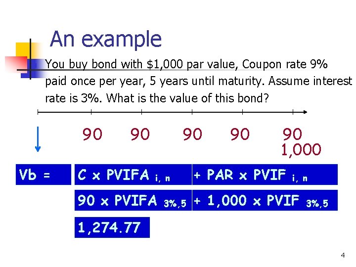 An example n You buy bond with $1, 000 par value, Coupon rate 9%
