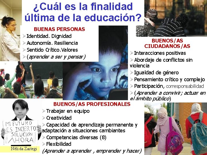 ¿Cuál es la finalidad última de la educación? BUENAS PERSONAS Identidad. Dignidad Autonomía. Resiliencia