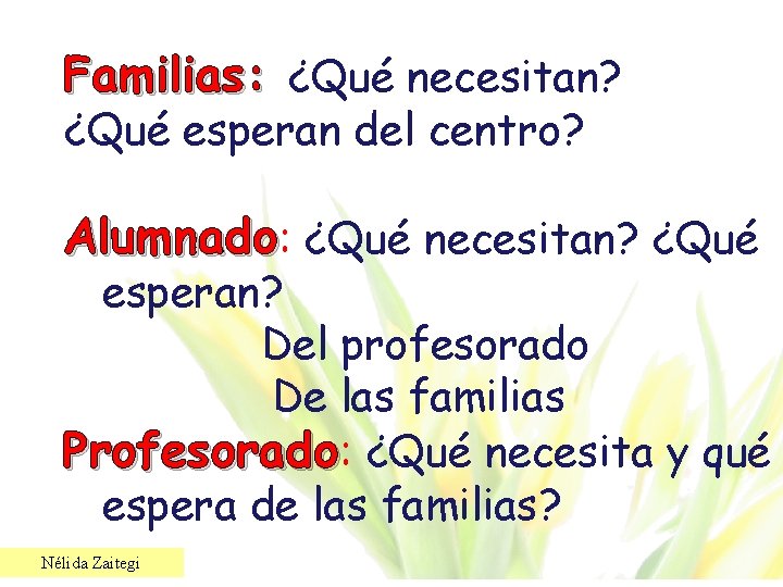 Familias: ¿Qué necesitan? ¿Qué esperan del centro? Alumnado: ¿Qué necesitan? ¿Qué esperan? Del profesorado