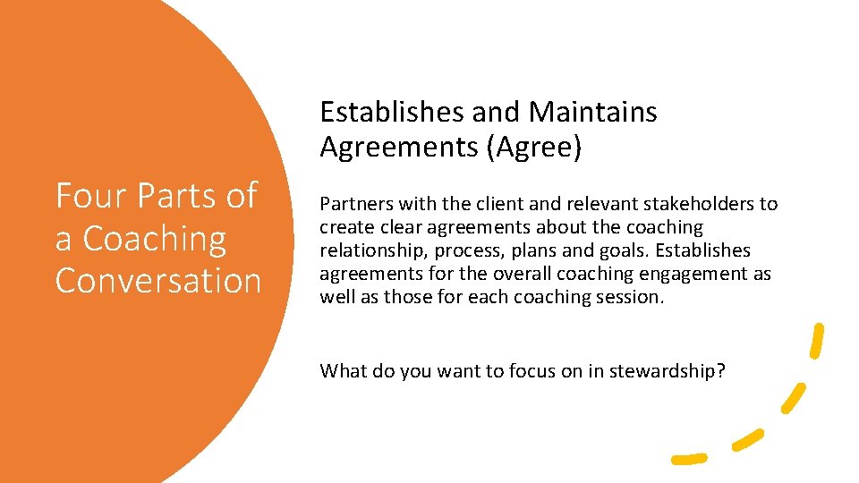 Establishes and Maintains Agreements (Agree) Four Parts of a Coaching Conversation Partners with the