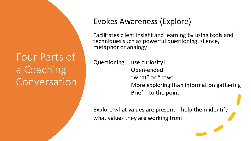 Evokes Awareness (Explore) Four Parts of a Coaching Conversation Facilitates client insight and learning