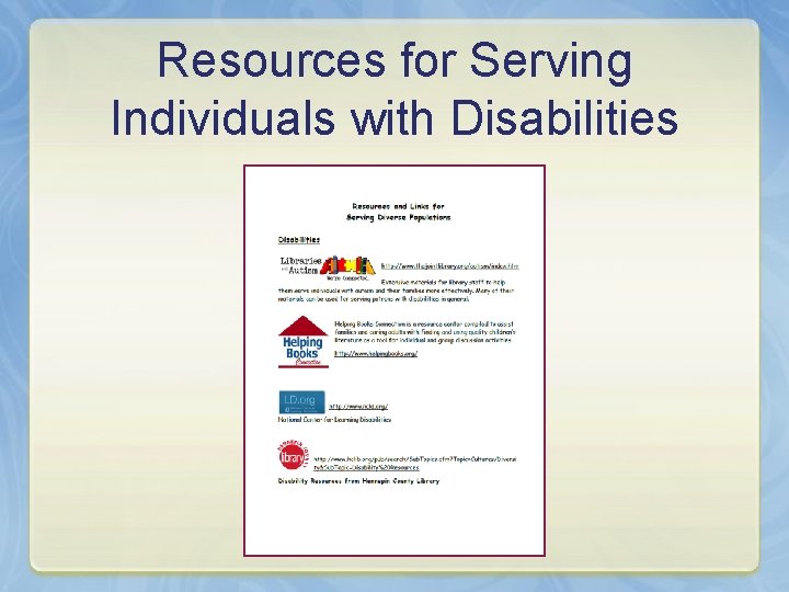 Resources for Serving Individuals with Disabilities 