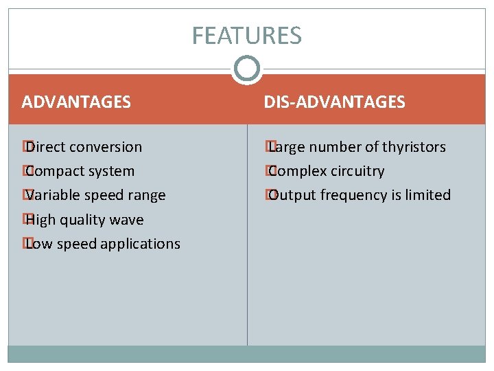 FEATURES ADVANTAGES DIS-ADVANTAGES � Direct conversion � Large number of thyristors � Compact system