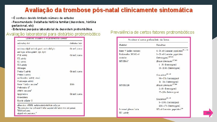 Avaliação da trombose pós-natal clinicamente sintomática -É confuso devido limitado número de estudos -Recomendado: