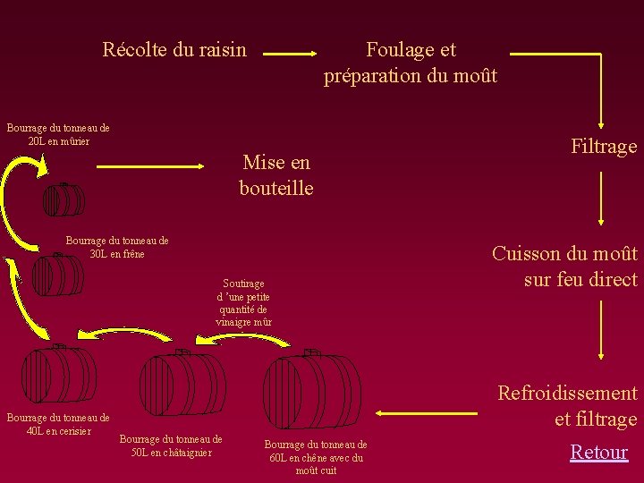 Récolte du raisin Foulage et préparation du moût Bourrage du tonneau de 20 L