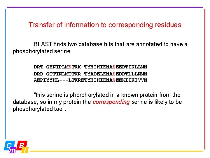 Transfer of information to corresponding residues BLAST finds two database hits that are annotated