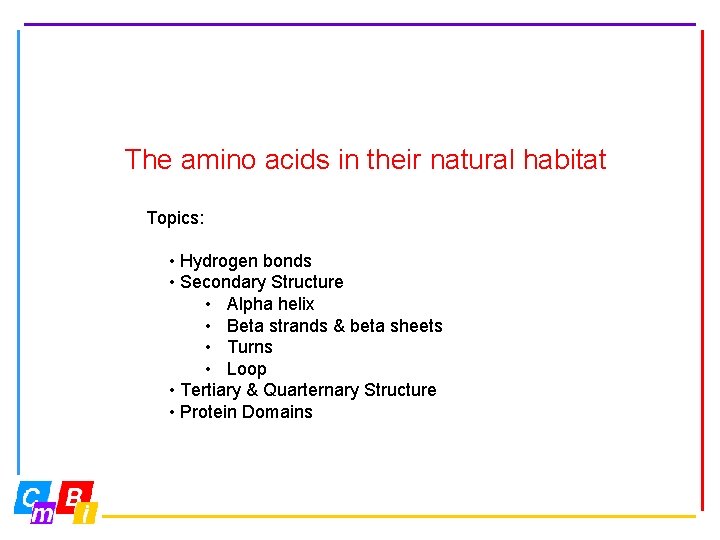 The amino acids in their natural habitat Topics: • Hydrogen bonds • Secondary Structure