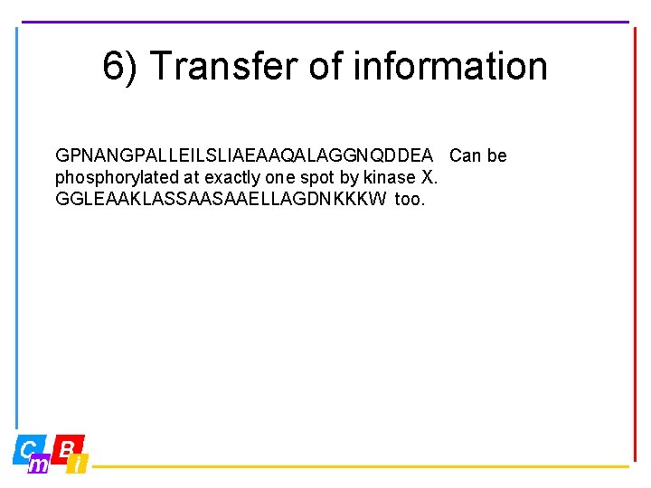 6) Transfer of information GPNANGPALLEILSLIAEAAQALAGGNQDDEA Can be phosphorylated at exactly one spot by kinase
