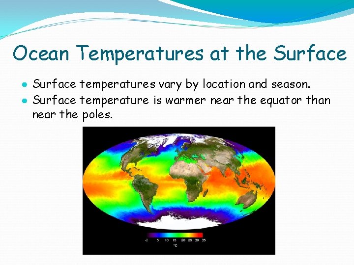 Ocean Temperatures at the Surface ● Surface temperatures vary by location and season. ●