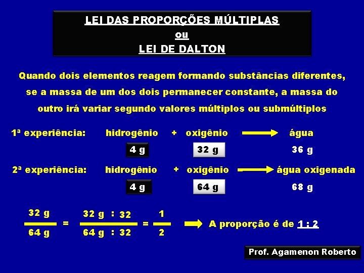 LEI DAS PROPORÇÕES MÚLTIPLAS ou LEI DE DALTON Quando dois elementos reagem formando substâncias