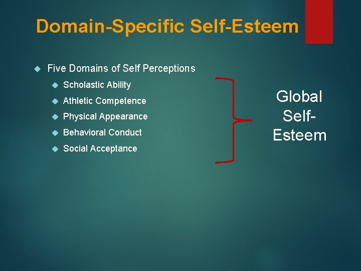 Domain-Specific Self-Esteem Five Domains of Self Perceptions Scholastic Ability Athletic Competence Physical Appearance Behavioral