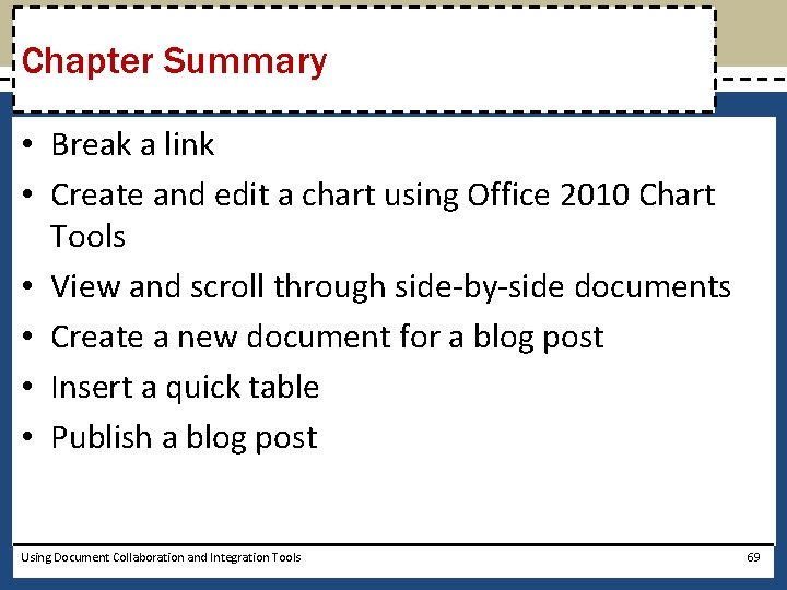 Chapter Summary • Break a link • Create and edit a chart using Office