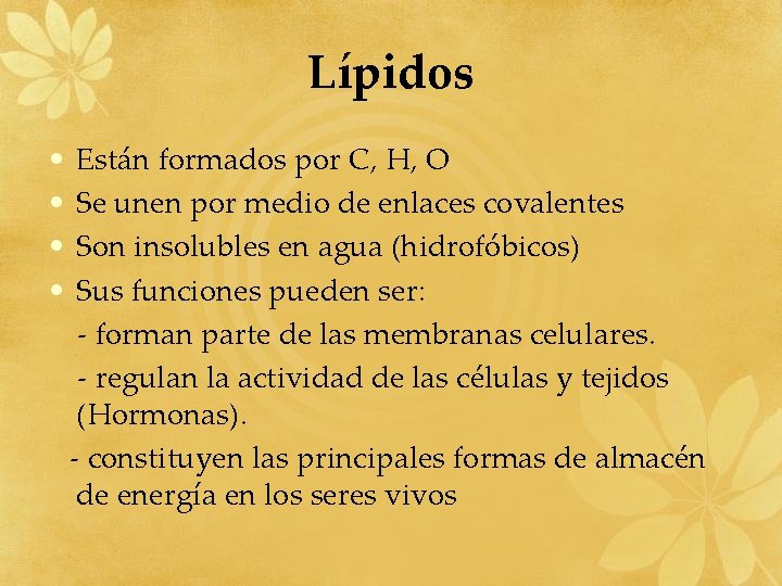 Lípidos • • Están formados por C, H, O Se unen por medio de