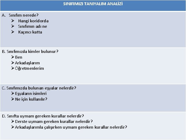 SINIFIMIZI TANIYALIM ANALİZİ A. Sınıfım nerede? Ø Hangi koridorda Ø Sınıfımın adı ne Ø