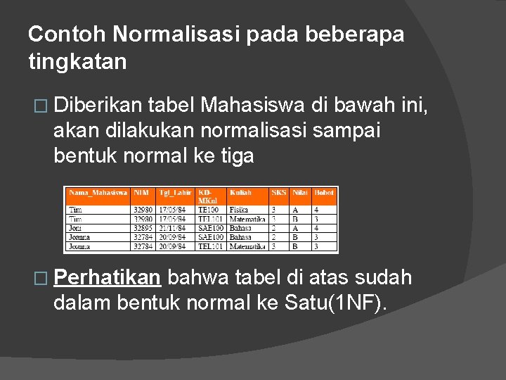 Contoh Normalisasi pada beberapa tingkatan � Diberikan tabel Mahasiswa di bawah ini, akan dilakukan