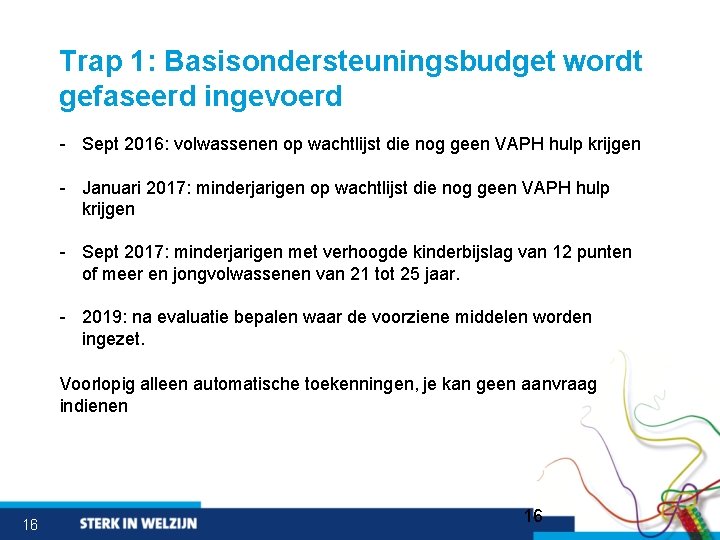 Trap 1: Basisondersteuningsbudget wordt gefaseerd ingevoerd - Sept 2016: volwassenen op wachtlijst die nog