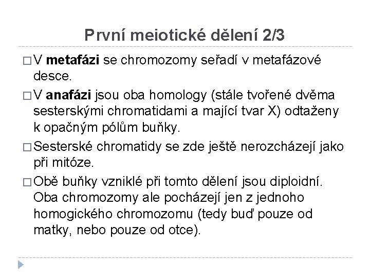 První meiotické dělení 2/3 �V metafázi se chromozomy seřadí v metafázové desce. � V