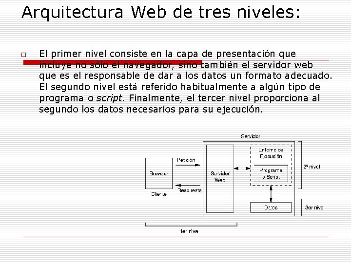 Arquitectura Web de tres niveles: o El primer nivel consiste en la capa de