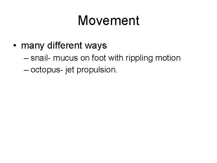 Movement • many different ways – snail- mucus on foot with rippling motion –
