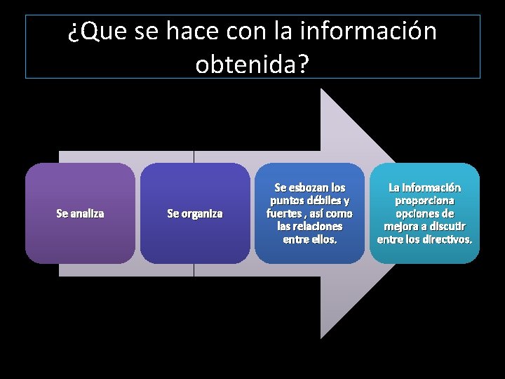 ¿Que se hace con la información obtenida? Se analiza Se organiza Se esbozan los