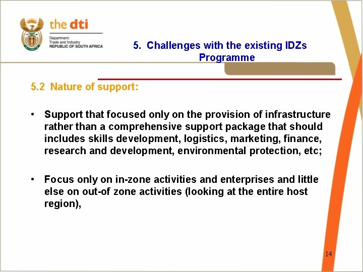 5. Challenges with the existing IDZs Programme ________________ 5. 2 Nature of support: •