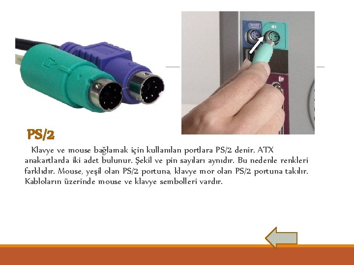 PS/2 Klavye ve mouse bağlamak için kullanılan portlara PS/2 denir. ATX anakartlarda iki adet