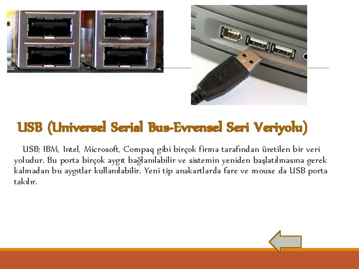 USB (Universel Serial Bus-Evrensel Seri Veriyolu) USB; IBM, Intel, Microsoft, Compaq gibi birçok firma