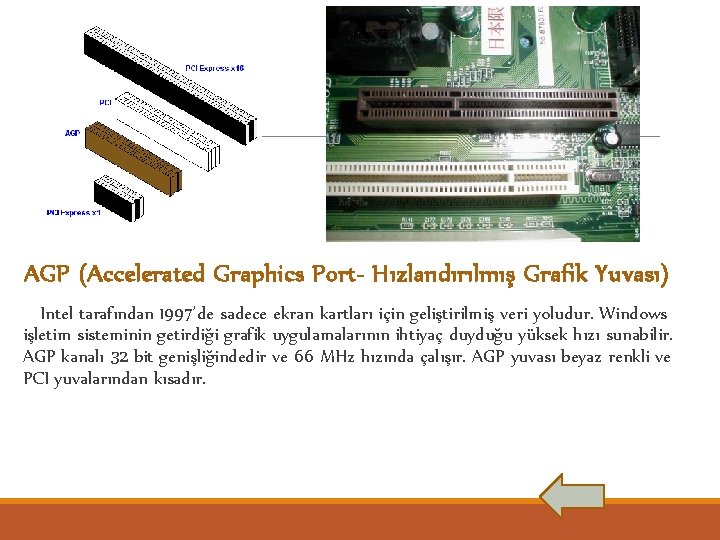 AGP (Accelerated Graphics Port- Hızlandırılmış Grafik Yuvası) Intel tarafından 1997’de sadece ekran kartları için