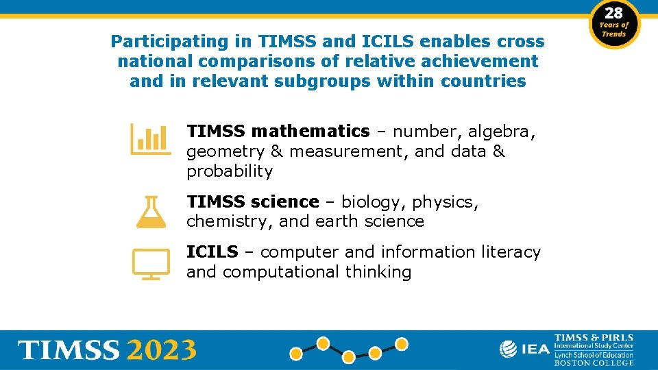 Participating in TIMSS and ICILS enables cross national comparisons of relative achievement and in